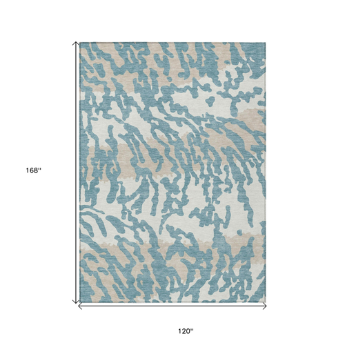 10' X 14' Teal Blue Beige And Ivory Animal Print Washable Indoor Outdoor Area Rug
