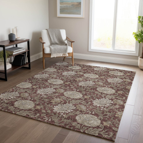 9' X 12' Merlot Taupe And Beige Floral Washable Indoor Outdoor Area Rug