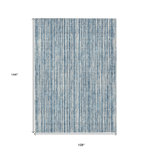 9' X 12' Blue And Ivory Striped Washable Indoor Outdoor Area Rug
