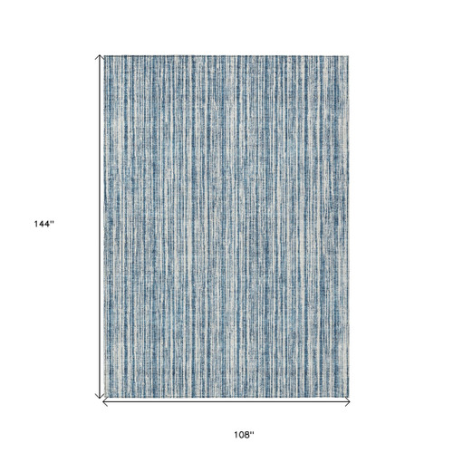 9' X 12' Blue And Ivory Striped Washable Indoor Outdoor Area Rug