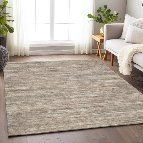 9' X 12' Taupe Gray And Ivory Striped Washable Indoor Outdoor Area Rug