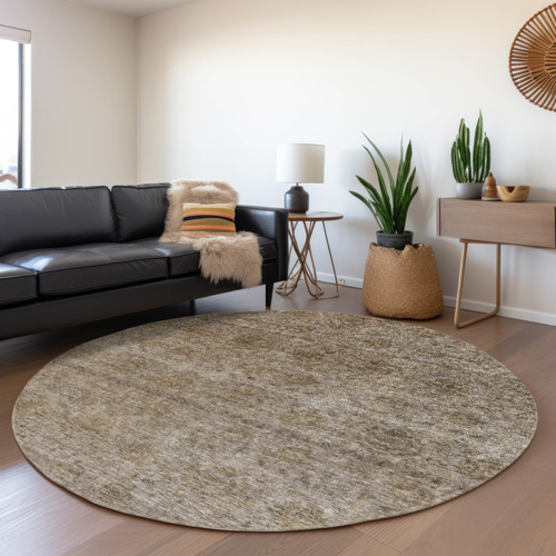 8' Brown And Tan Round Floral Washable Indoor Outdoor Area Rug