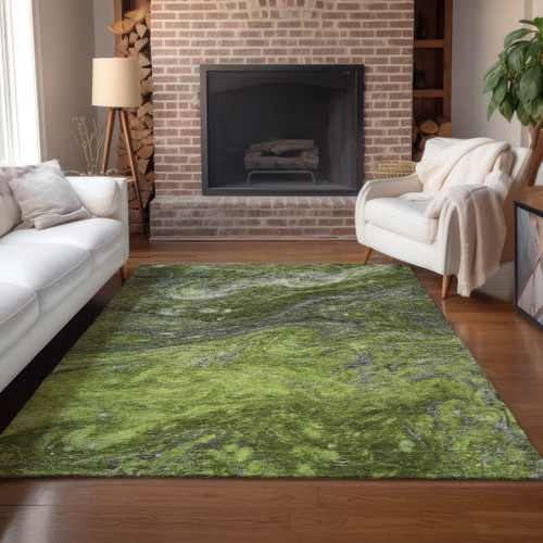 10' X 14' Green Olive Green And Lime Green Abstract Washable Indoor Outdoor Area Rug