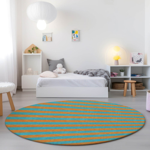 8' Round Aqua Round Striped Washable Non Skid Indoor Outdoor Area Rug
