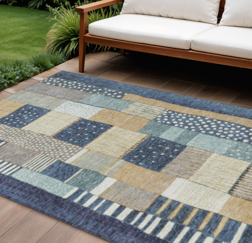 10' X 14' Navy Blue Beige And Ivory Geometric Washable Indoor Outdoor Area Rug