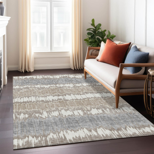 9' X 12' Taupe Brown And Ivory Striped Washable Indoor Outdoor Area Rug