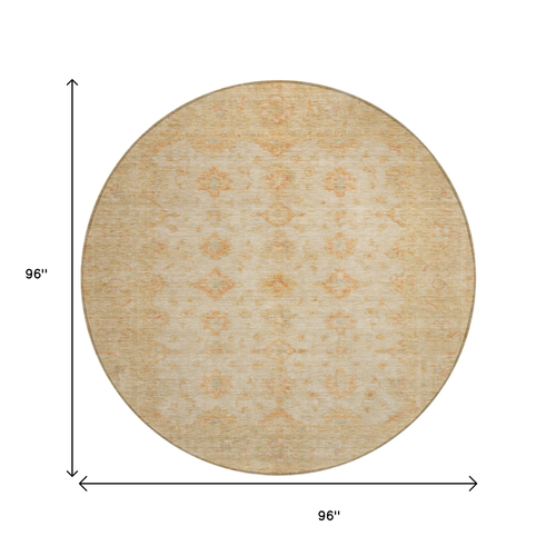 8' Beige And Rust Round Floral Medallion Washable Indoor Outdoor Area Rug