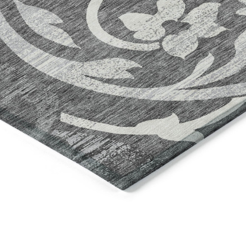 9' X 12' Charcoal Silver And Gray Floral Washable Indoor Outdoor Area Rug