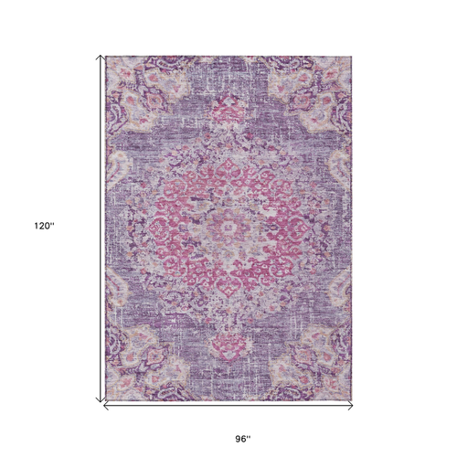 8' X 10' Purple Floral Medallion Washable Indoor Outdoor Area Rug