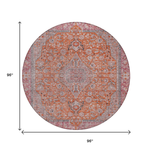 8' Orange And Red Round Medallion Washable Indoor Outdoor Area Rug