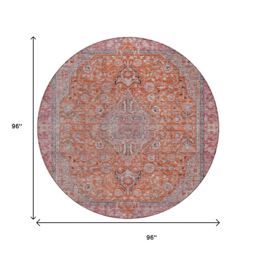 8' Orange And Red Round Medallion Washable Indoor Outdoor Area Rug