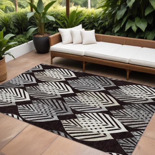 10' X 14' Black Silver And Charcoal Floral Washable Indoor Outdoor Area Rug