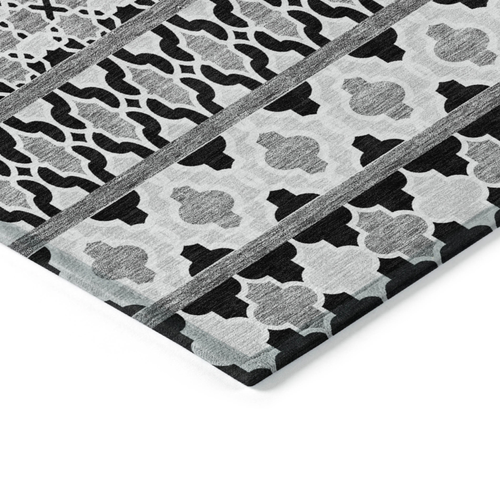 8' Black Gray And Ivory Round Quatrefoil Washable Indoor Outdoor Area Rug