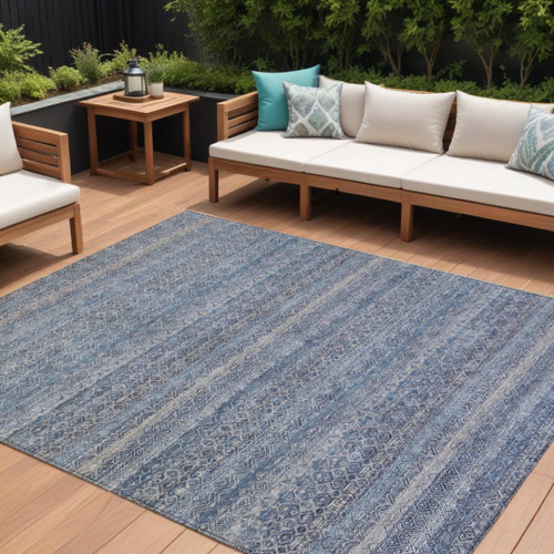 8' X 10' Blue And Sky Blue Striped Washable Indoor Outdoor Area Rug