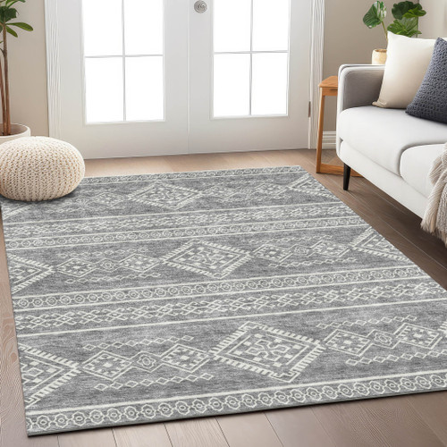 10' X 14' Gray And Ivory Southwestern Washable Indoor Outdoor Area Rug