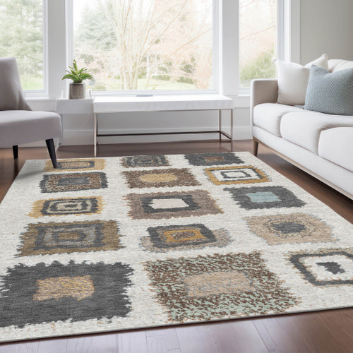 10' X 14' Ivory Charcoal And Gold Geometric Washable Indoor Outdoor Area Rug