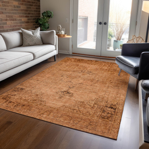 9' X 12' Copper Orange And Brown Oriental Washable Indoor Outdoor Area Rug