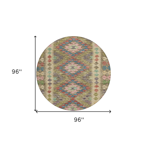 8' Green Round Geometric Washable Indoor Outdoor Area Rug