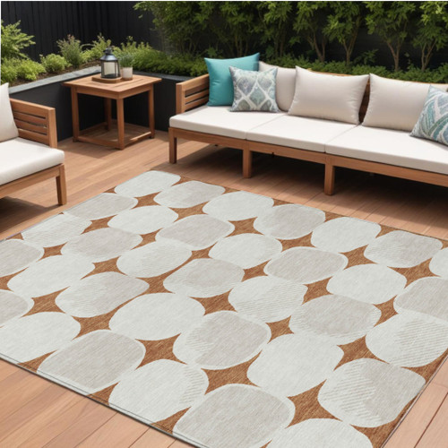 9' X 12' Brown And Ivory Abstract Washable Indoor Outdoor Area Rug