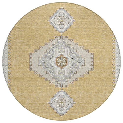 8' Gold Gray And Ivory Round Oriental Washable Indoor Outdoor Area Rug