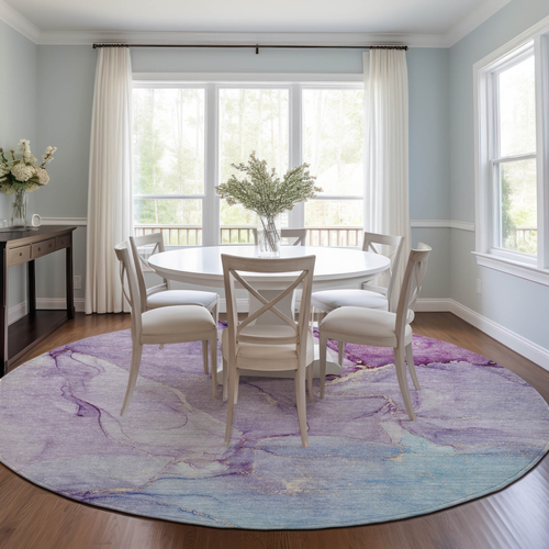 8' Round Purple Round Abstract Washable Non Skid Indoor Outdoor Area Rug