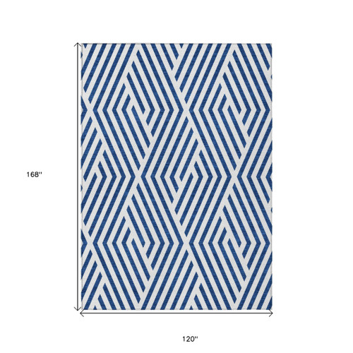 10' X 14' Navy and White Geometric Washable Non Skid Indoor Outdoor Area Rug