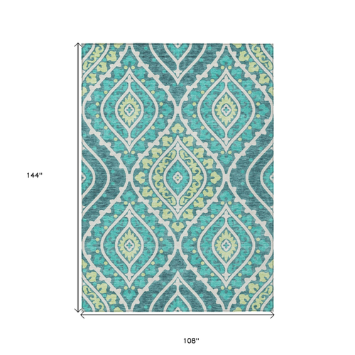 9' X 12' Teal Blue Ivory And Artichoke Green Floral Washable Indoor Outdoor Area Rug