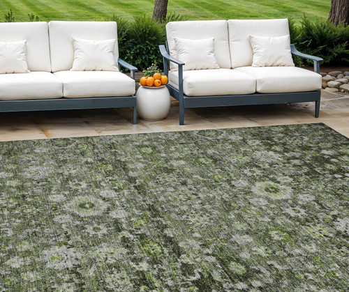 10' X 14' Green And Olive Green Oriental Washable Indoor Outdoor Area Rug