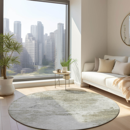 8' Ivory Beige And Taupe Round Abstract Washable Indoor Outdoor Area Rug