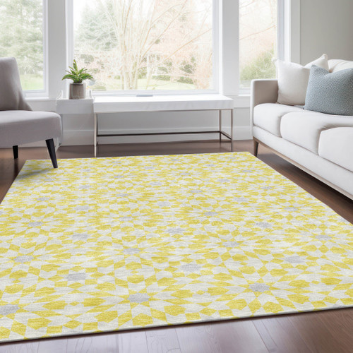 10' X 14' Yellow Ivory And Gray Floral Medallion Washable Indoor Outdoor Area Rug