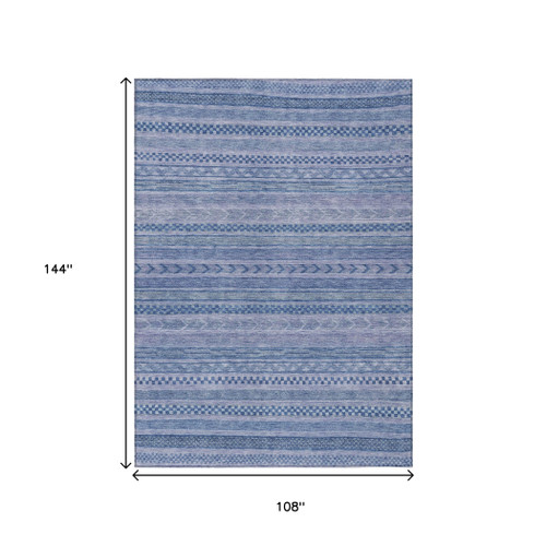 9' X 12' Denim Blue And Sky Blue Striped Washable Indoor Outdoor Area Rug
