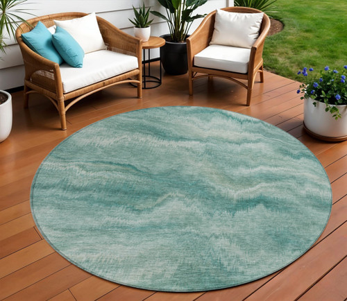 8' Teal Blue And Ivory Round Abstract Washable Indoor Outdoor Area Rug