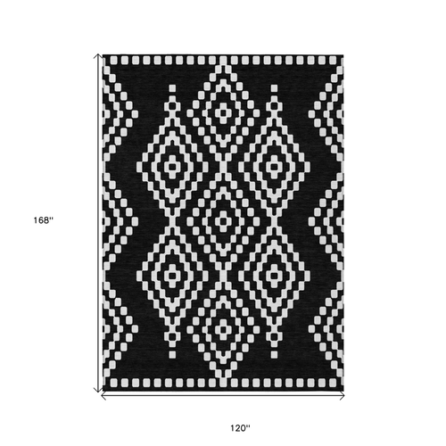 10' X 14' Black And Ivory Geometric Washable Indoor Outdoor Area Rug