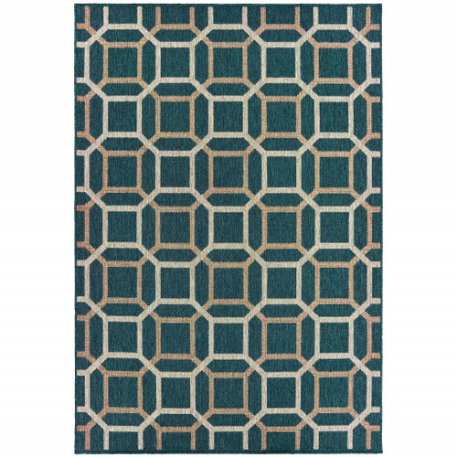 5' X 7' Blue Geometric Stain Resistant Indoor Outdoor Area Rug