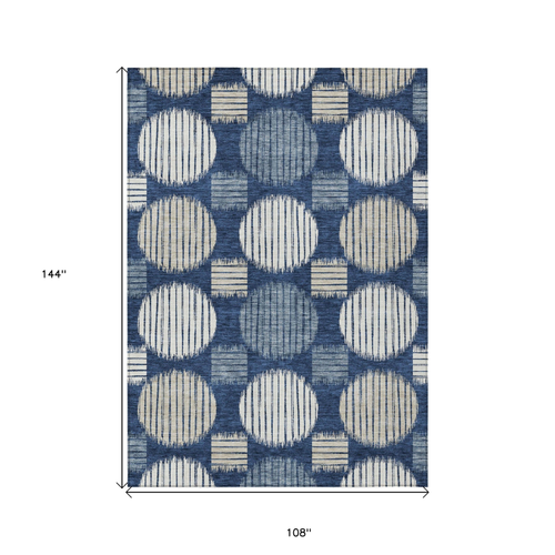9' X 12' Navy Blue And Ivory Geometric Washable Indoor Outdoor Area Rug