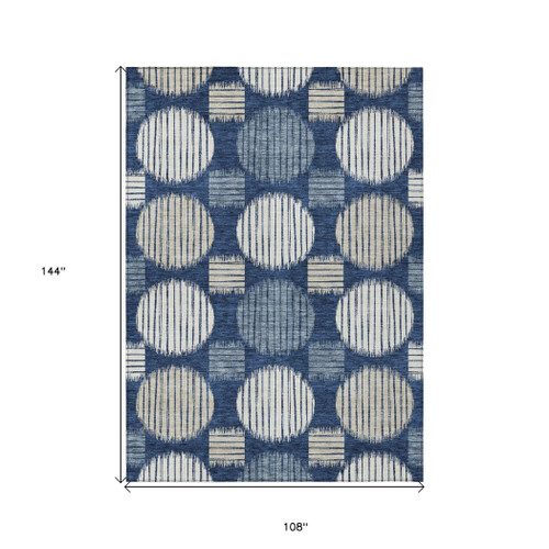 9' X 12' Navy Blue And Ivory Geometric Washable Indoor Outdoor Area Rug
