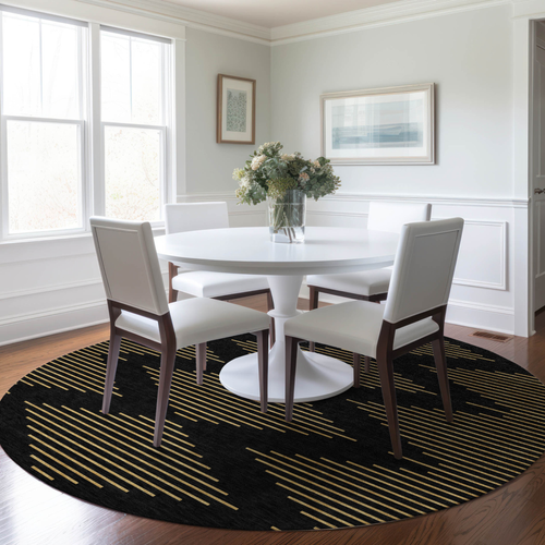8' Black And Beige Round Geometric Washable Indoor Outdoor Area Rug