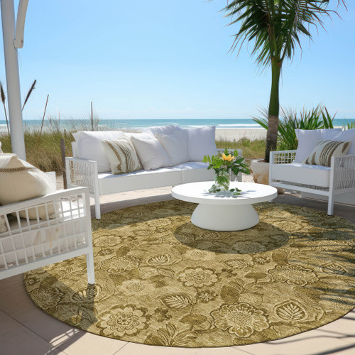 8' Brown And Beige Round Floral Washable Indoor Outdoor Area Rug - Brown, Beige