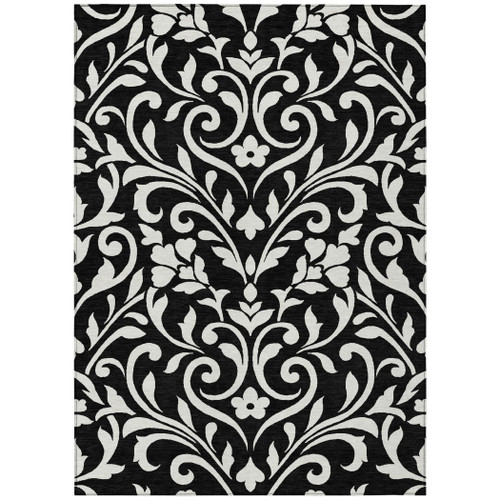 8' X 10' Black And Ivory Floral Washable Indoor Outdoor Area Rug