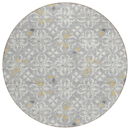 8' Gray Ivory And Brown Round Floral Washable Indoor Outdoor Area Rug