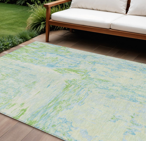 10' X 14' Mint Green And Blue Abstract Washable Indoor Outdoor Area Rug