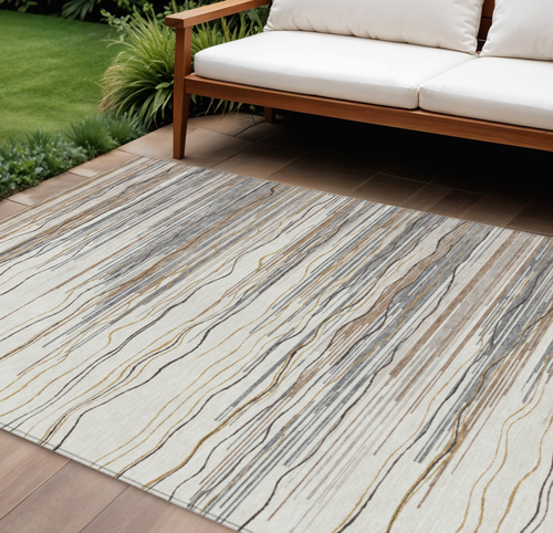 8' X 10' Ivory Brown And Gray Striped Washable Indoor Outdoor Area Rug