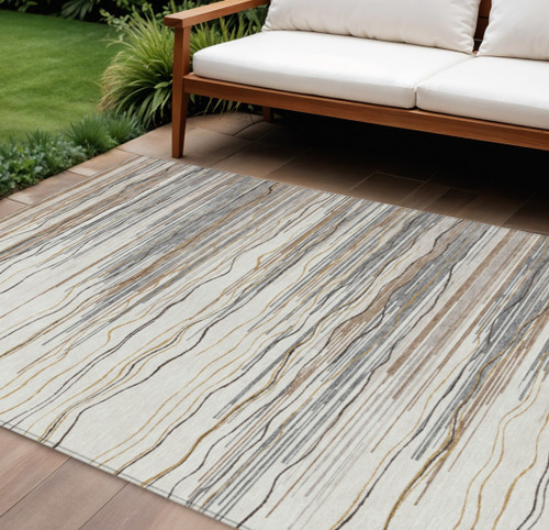 8' X 10' Ivory Brown And Gray Striped Washable Indoor Outdoor Area Rug