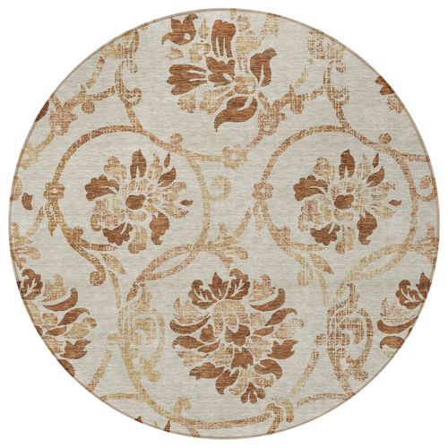8' Terra Cotta Copper And Beige Round Floral Washable Indoor Outdoor Area Rug