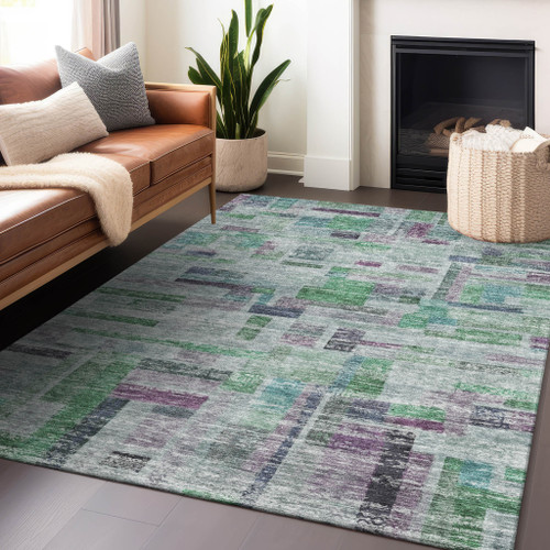 9' X 12' Artichoke Green Charcoal And Purple Striped Washable Indoor Outdoor Area Rug