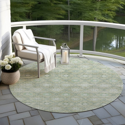 8' Artichoke Green And Gray Round Floral Washable Indoor Outdoor Area Rug - Artichoke Green, Gray