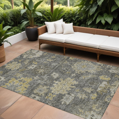8' X 10' Gray And Charcoal Floral Washable Indoor Outdoor Area Rug
