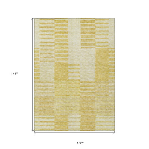 9' X 12' Gold Wheat And Ivory Striped Washable Indoor Outdoor Area Rug