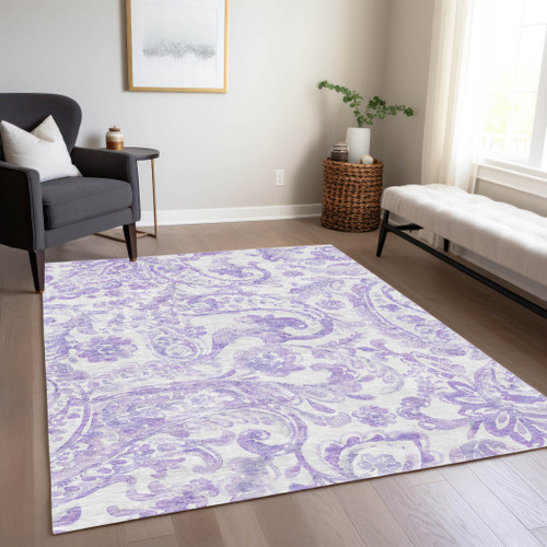 9' X 12' Lavender Ivory And Purple Paisley Washable Indoor Outdoor Area Rug