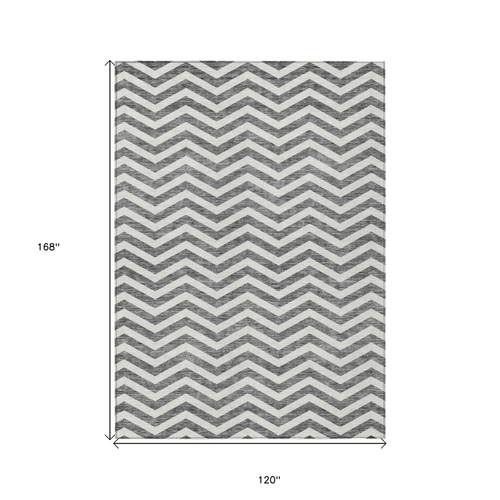10' X 14' Gray And Ivory Chevron Washable Indoor Outdoor Area Rug